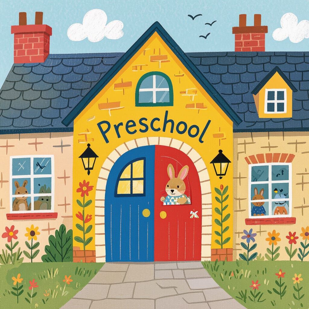 Playful Preschool Building Illustration in Beatrix Potter St...