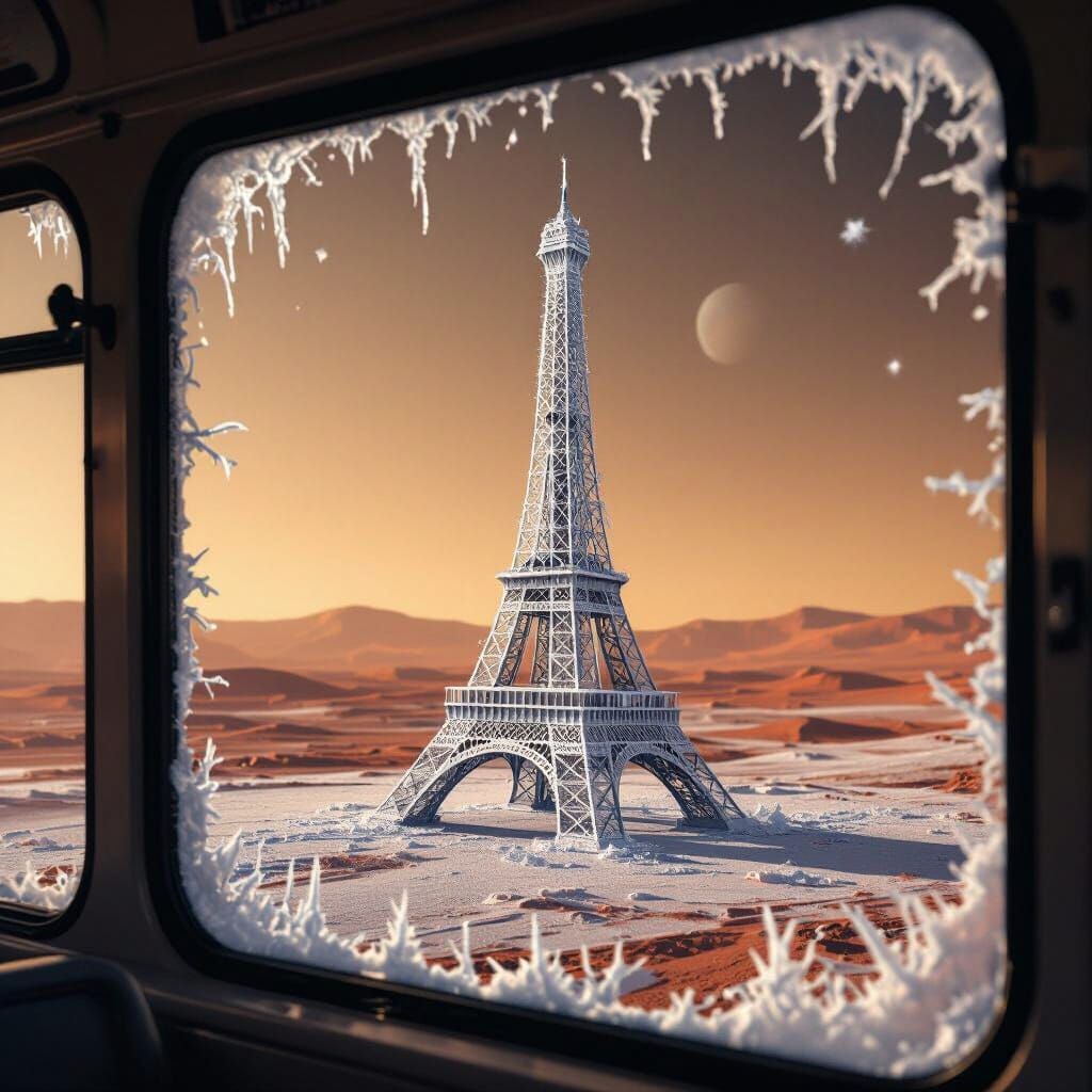 Eiffel Tower Frost Art on Mars Bus Window