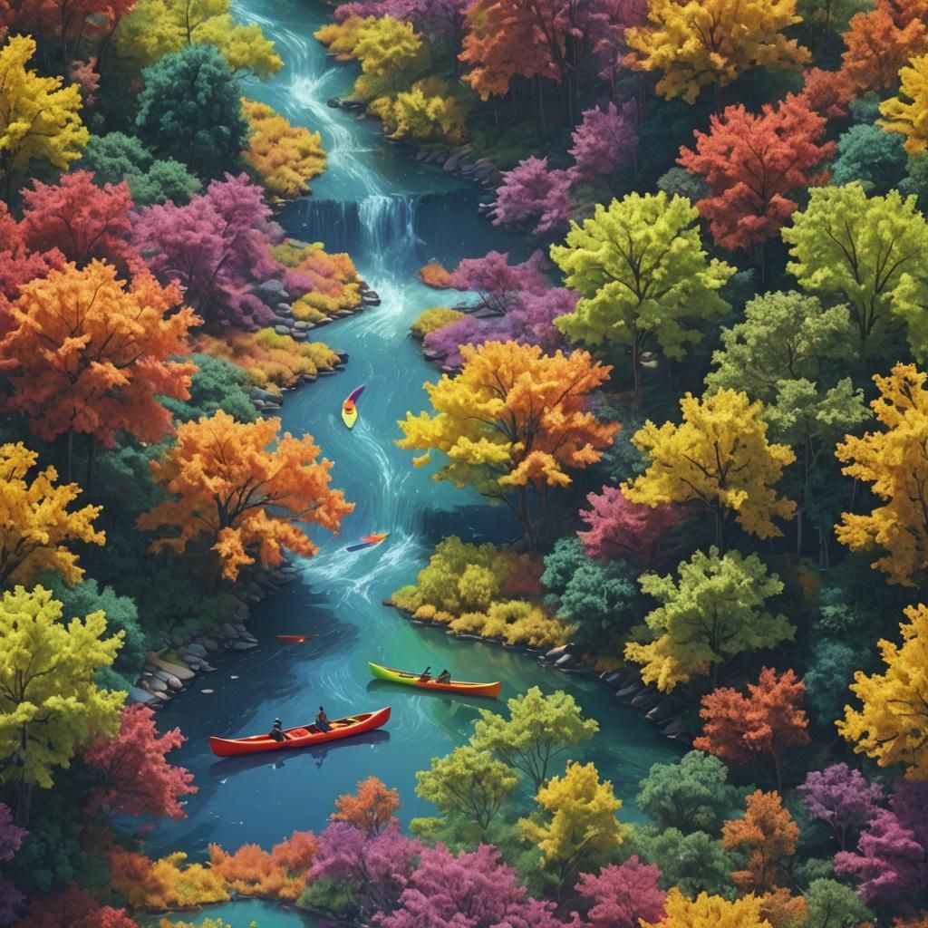 canoe in a rainbow river multicolored trees shadowy animal f...