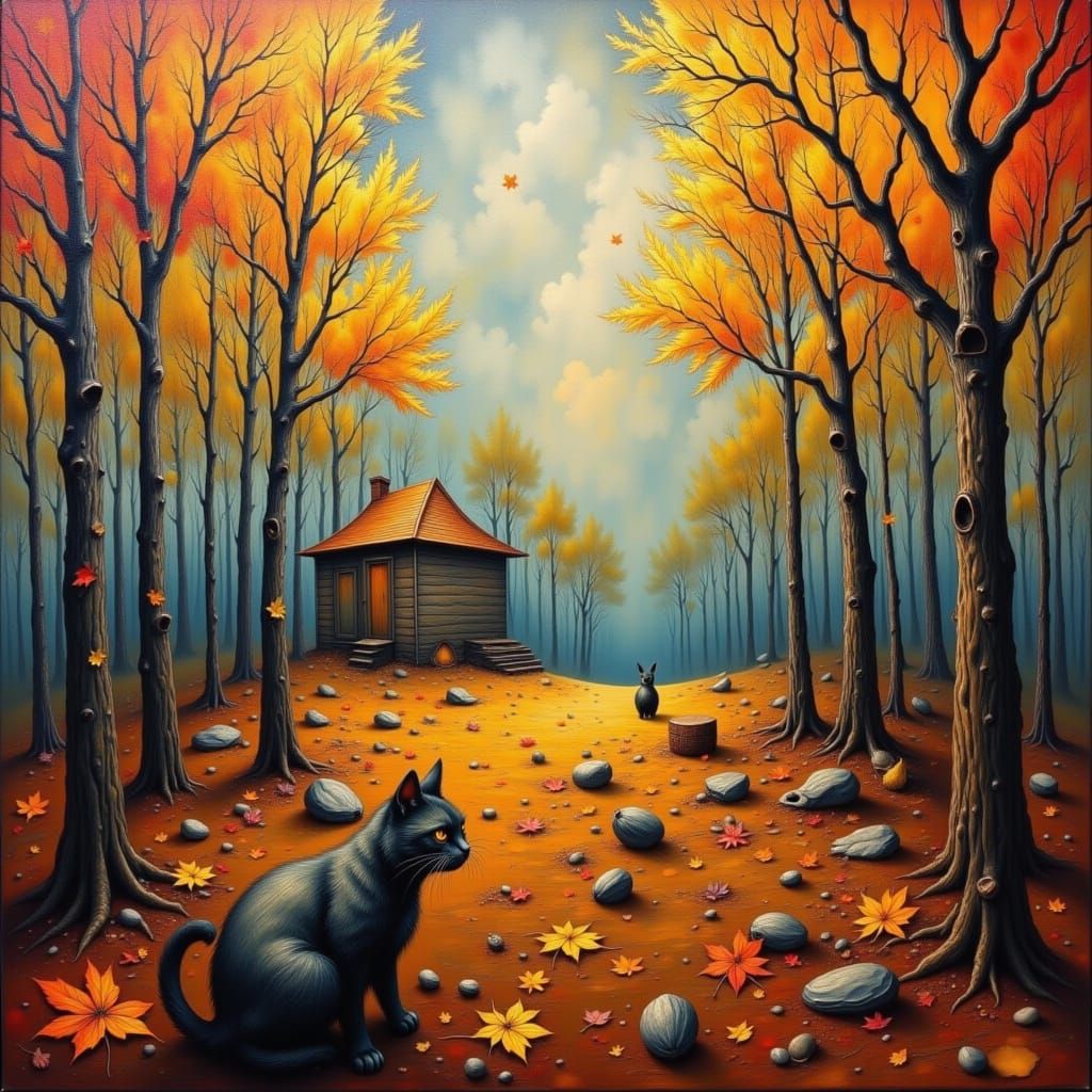 Surreal Cat in Autumn Landscape