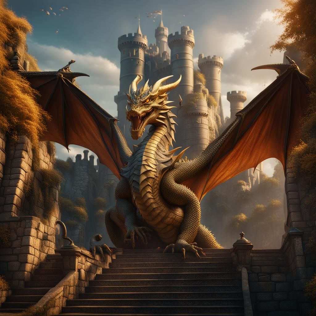 Dragon Guarding Gold Castle: Fantasy Concept Art