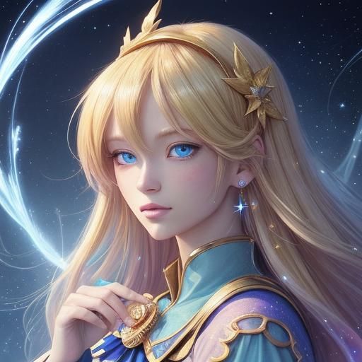 Anime Woman with Phoenix Tarot Cards in Blue and Gold