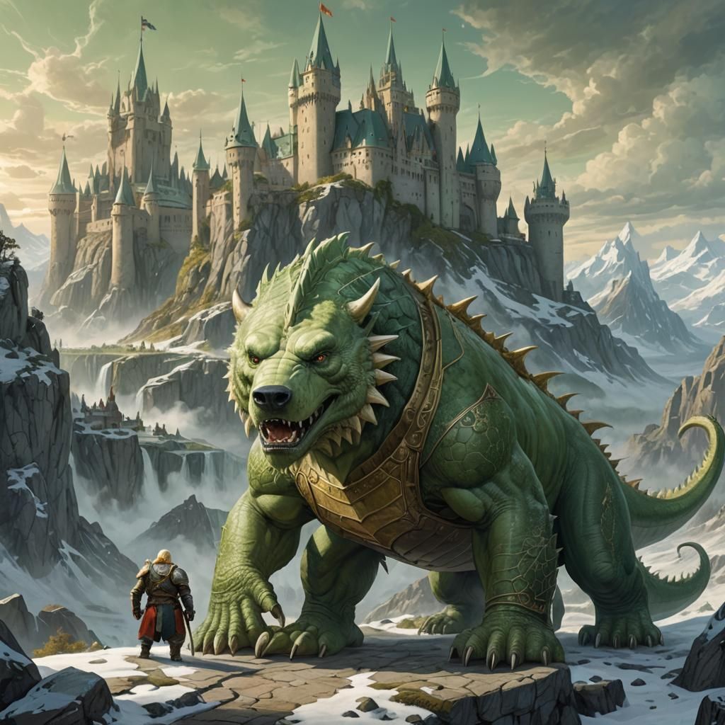 High Fantasy Landscape with Dragon and Armored Bear