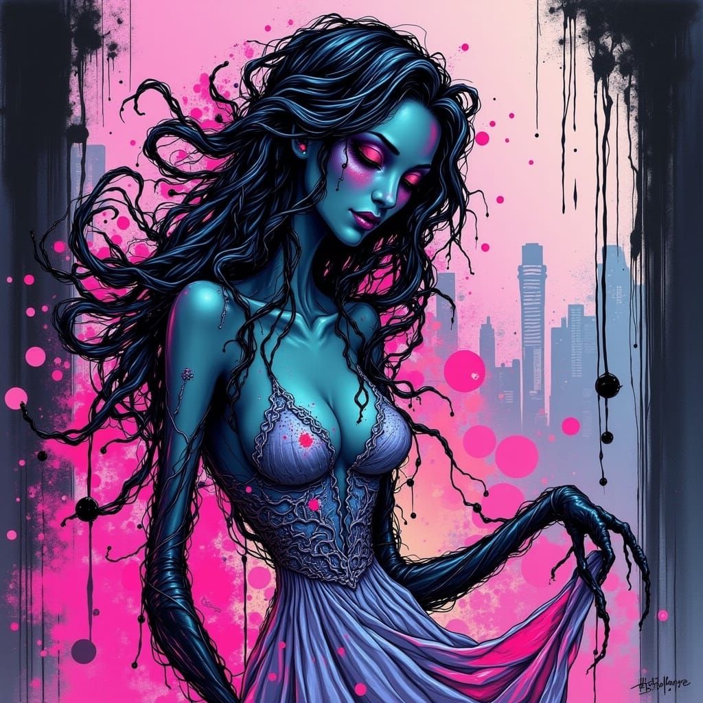 Neon Cityscape Woman in Digital Art Style