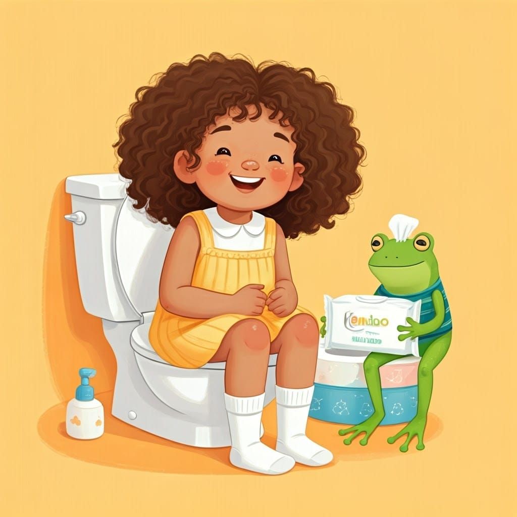Little Girl Uses Potty with Cheerful Frog Mascot
