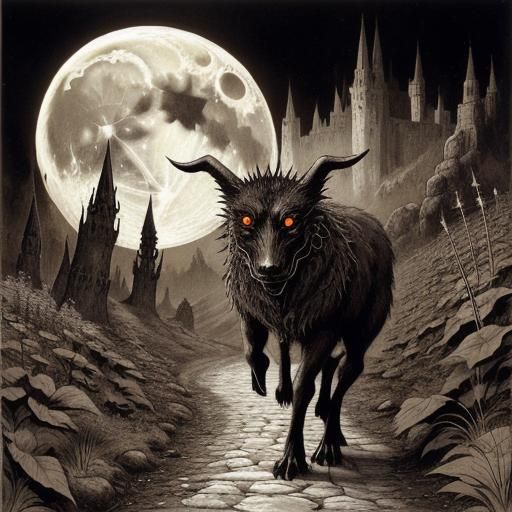 Dark Fantasy Creature Walks to Moon in Sepia Tones