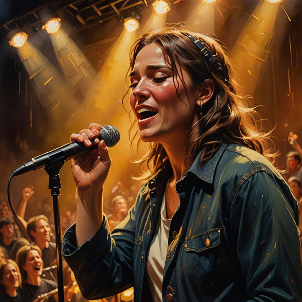 Emotional Singer on Stage in Oil Painting Style