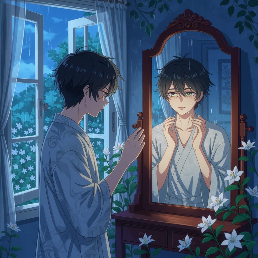 Man Gazing Out Window, Magical Realism Anime Style