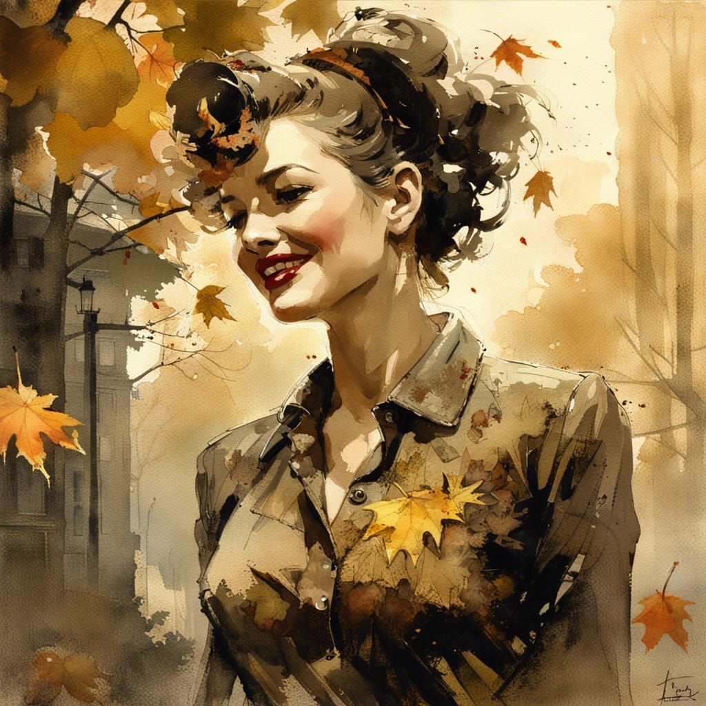 Vintage 1940s Woman in Autumnal Watercolor Painting
