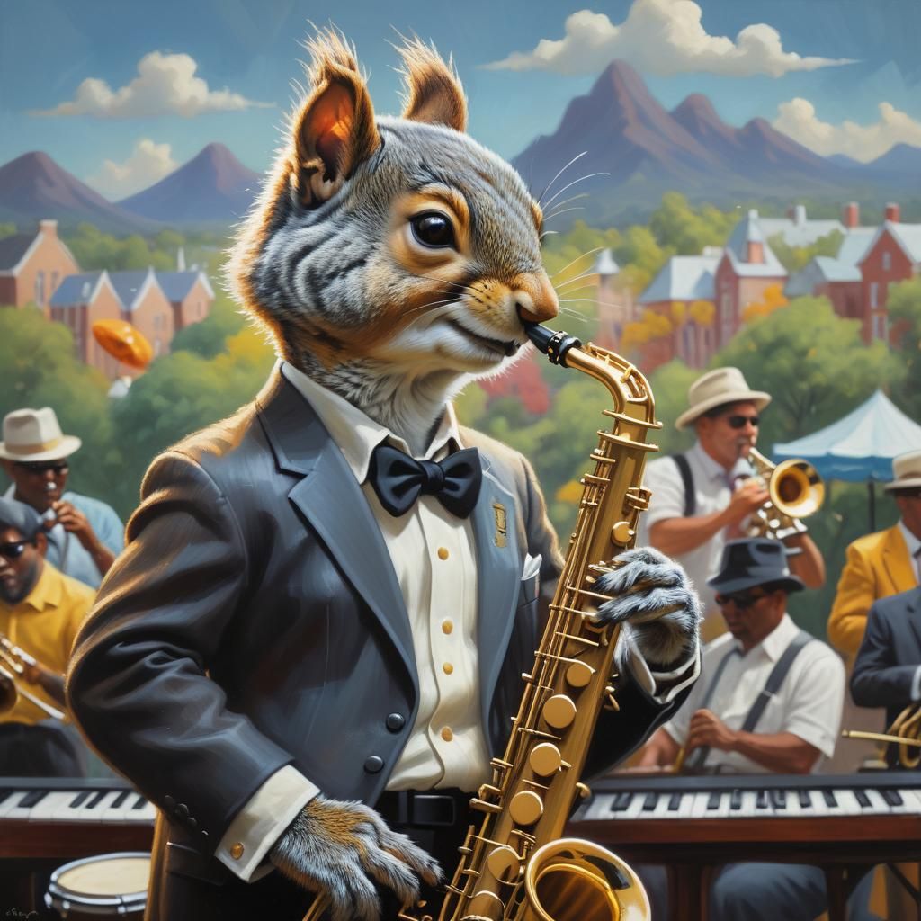 Anthropomorphic Squirrel Saxophonist at Jazz Festival