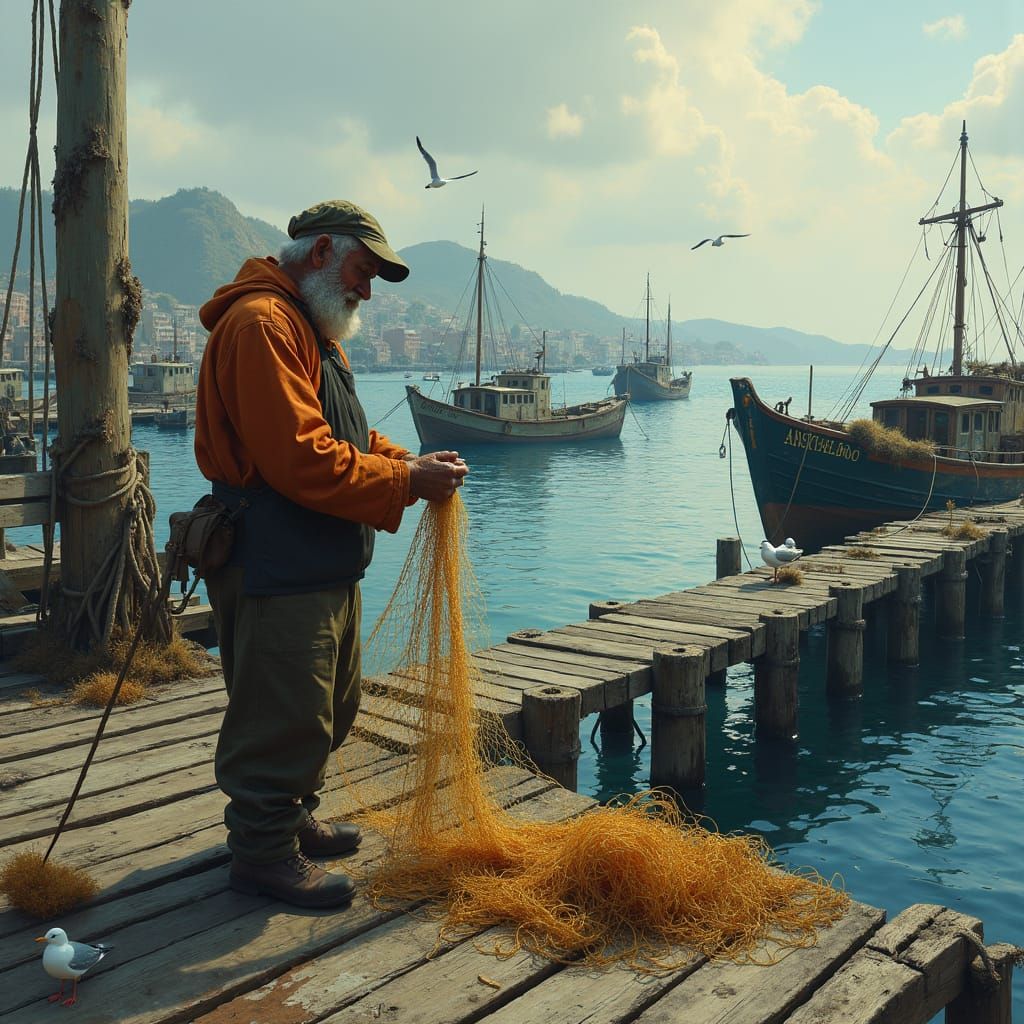 Fisherman Mending Nets on Rustic Dock, Digital Art