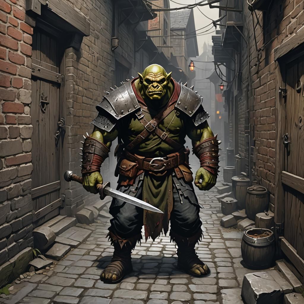 Menacing Orc Bandit in Gloomy Baldur's Gate Alley