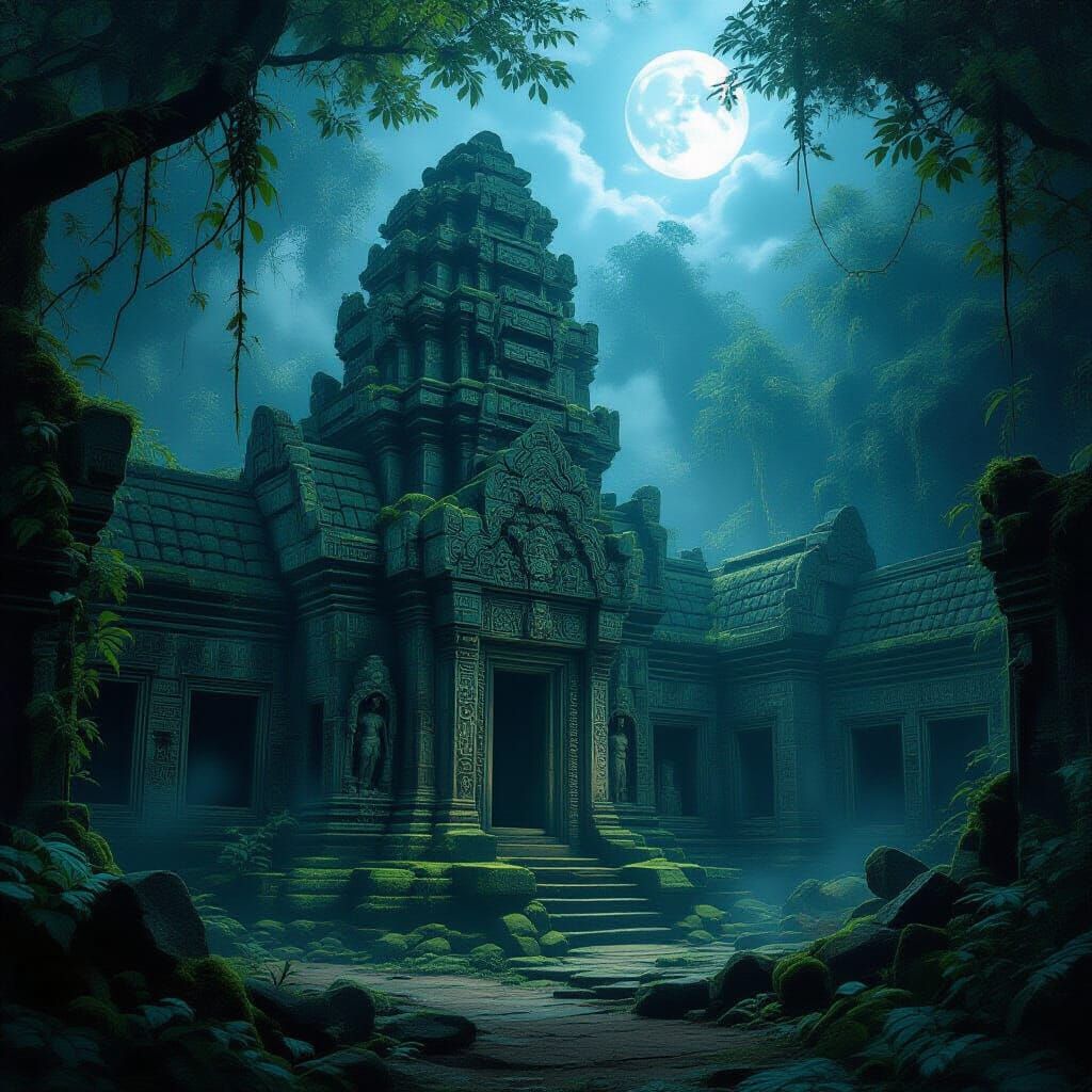Moonlit Jungle Temple with Ethereal Glow