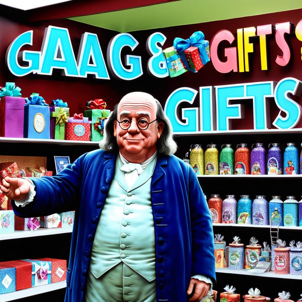 Ben Franklin Surrounded by Gag Gifts in a Novelty Shop