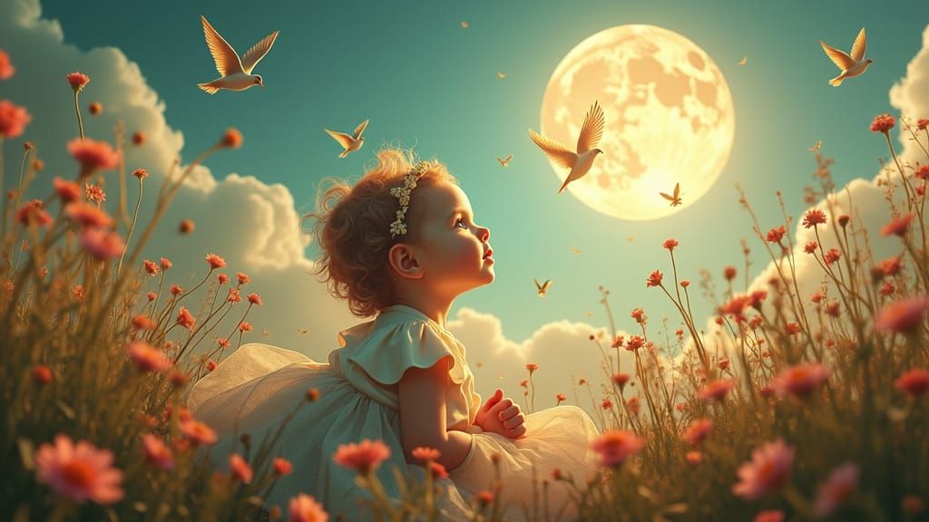 Baby in Mystical Landscape in Art Nouveau Style