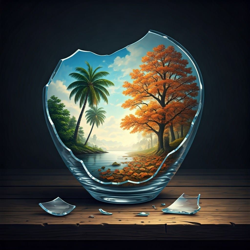 Tropical Island and Autumnal Landscapes in Broken Vase