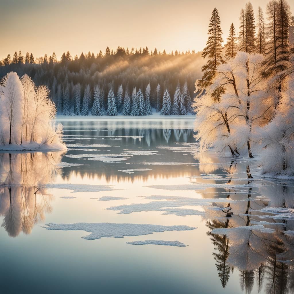 Frozen Lake and Forest Landscape at Sunrise