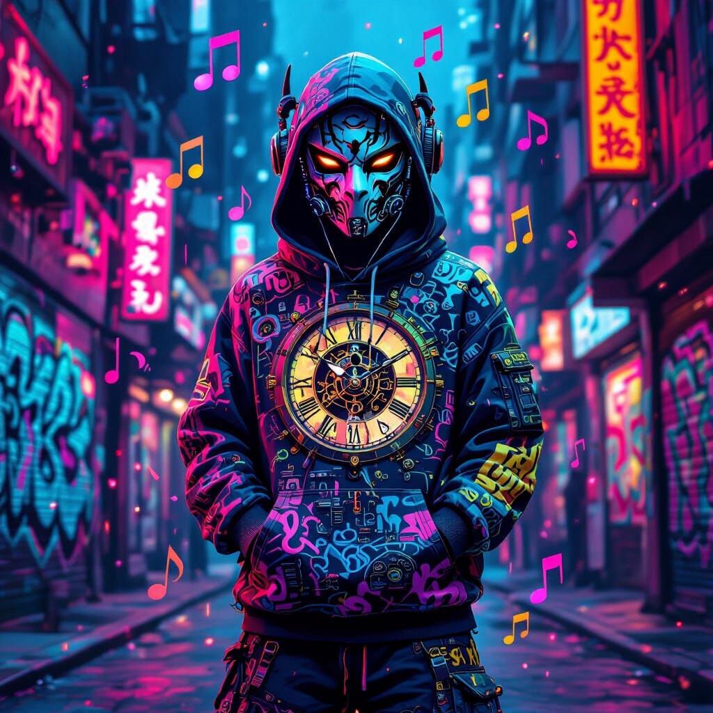 Clockwork Town Graffiti with Oni Mask in Neon Futurism