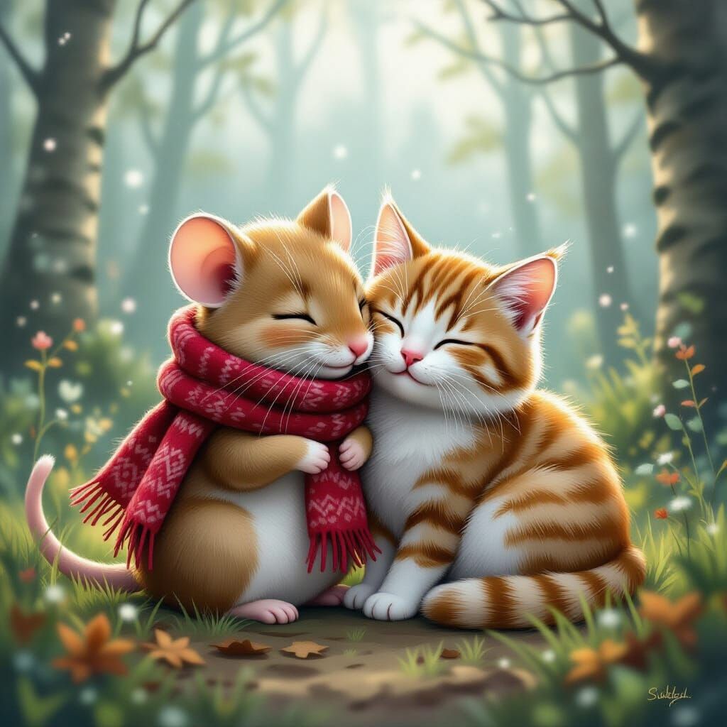 Cozy Mouse and Cat in Misty Forest