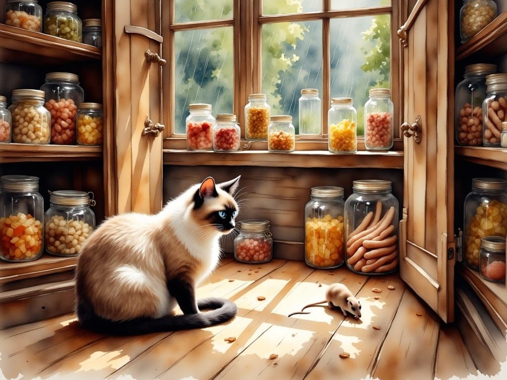 Whimsical Siamese Cat and Mouse in Watercolor Style