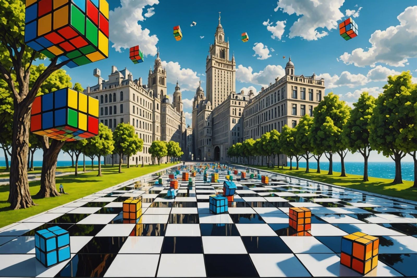 Surreal Rubik's Cube City in Melting Oil Style