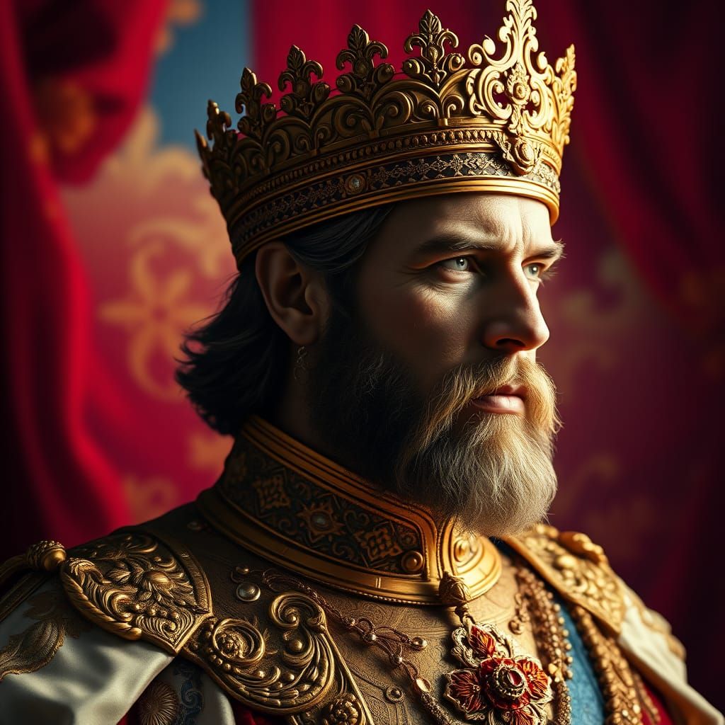 Regal King in Golden Finery Against a Vibrant Background