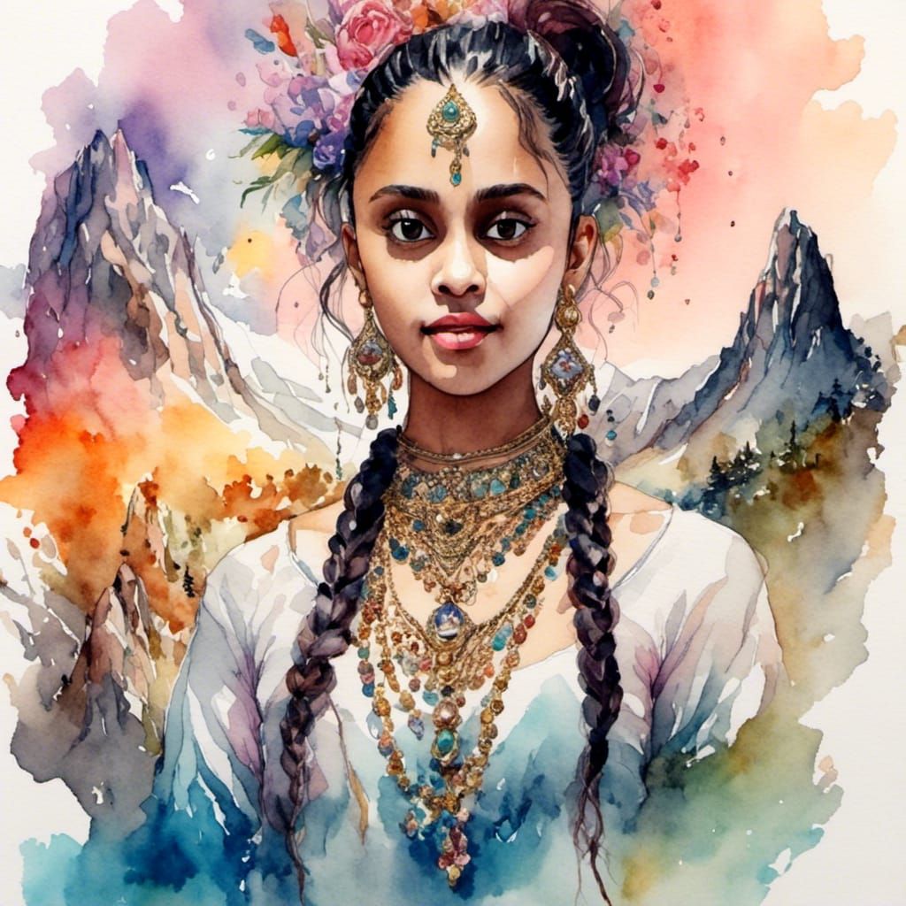 Ornate Persian Princess in Watercolor Mountain Scene