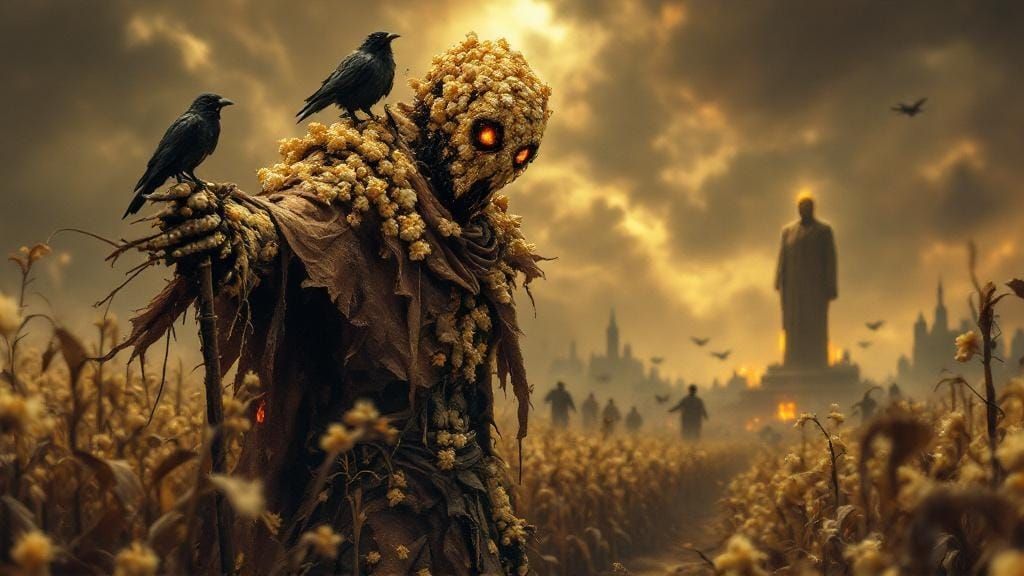 Dystopian Popcorn Scarecrow in Decaying Empire