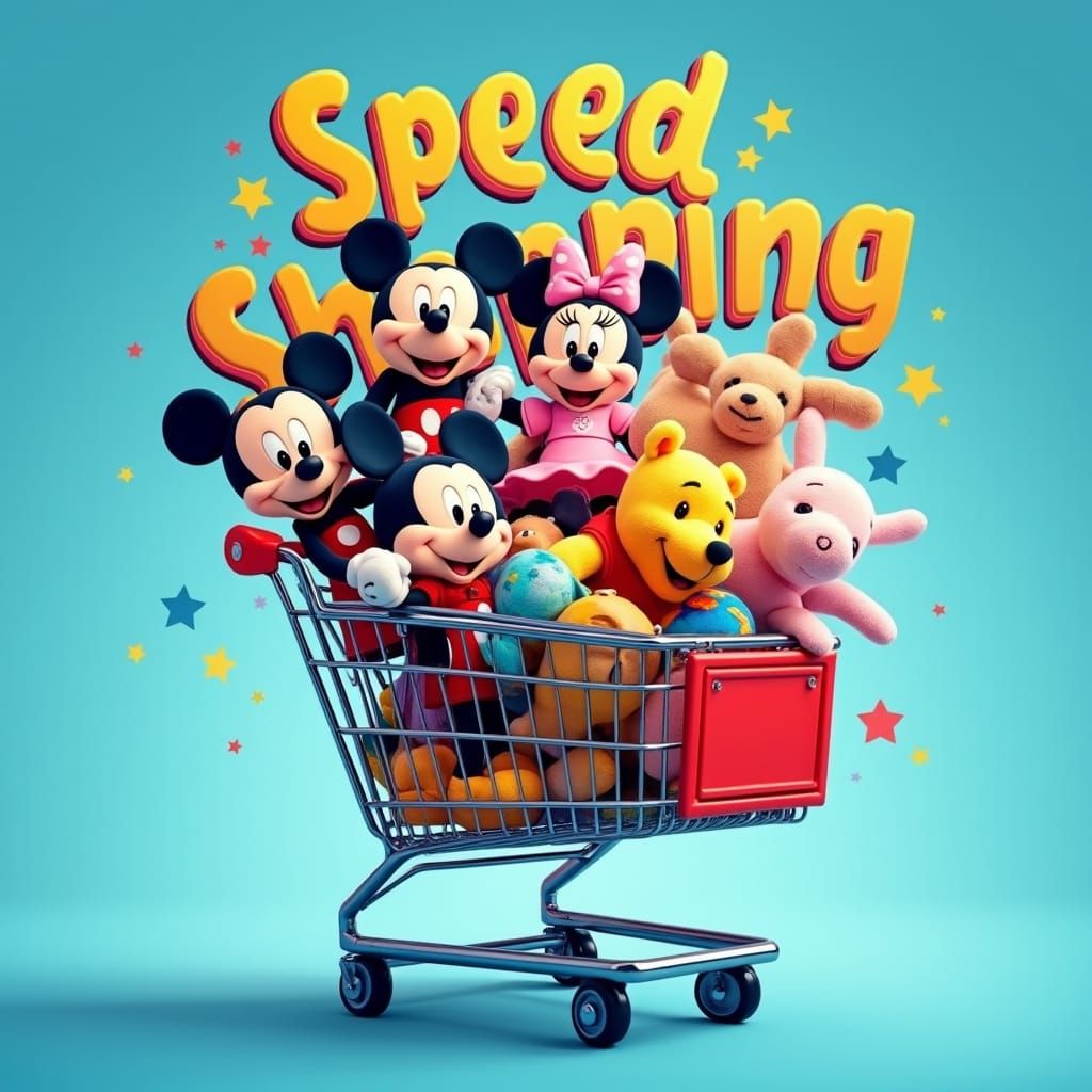 Disney Plushies Overflowing Shopping Cart in Digital Art Sty...