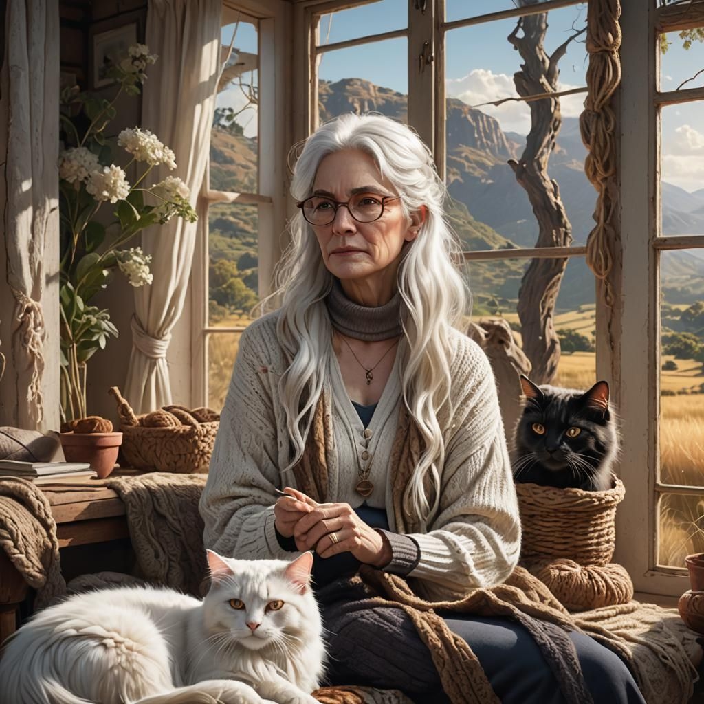 Woman Knitting with Cat, Fantasy Concept Art