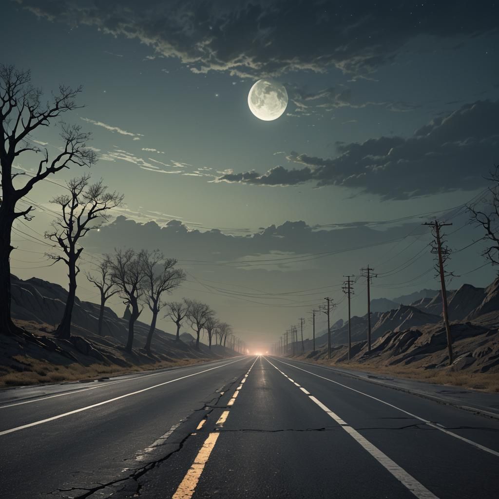 Eerie Moonlit Road in Dark Fantasy Concept Art