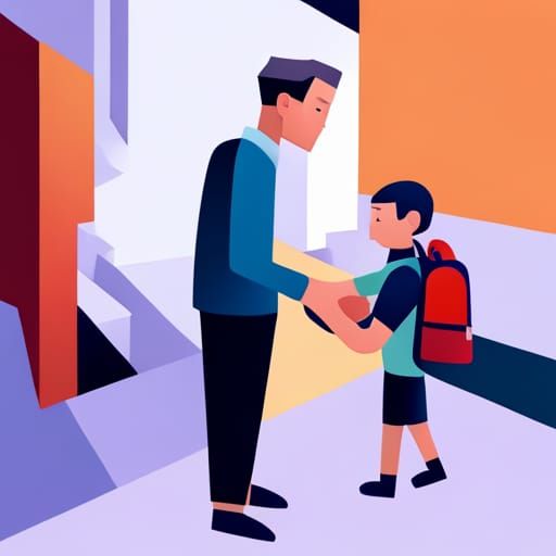 Cubist Illustration: Boy Handing Backpack to Teacher