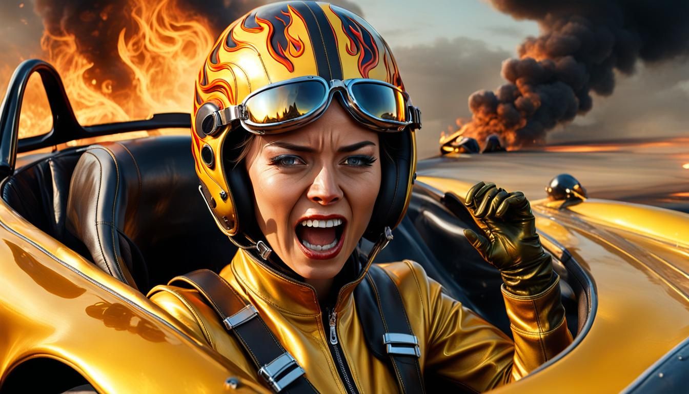 Burning Fear: Girl in Racing Car, Hyperrealistic Art