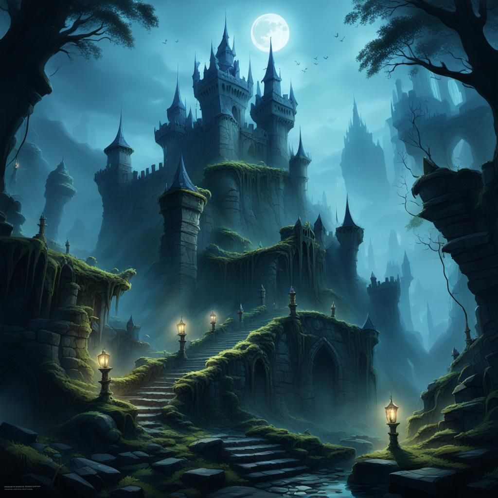 Mist-Shrouded Fortress in Dark Fantasy Style