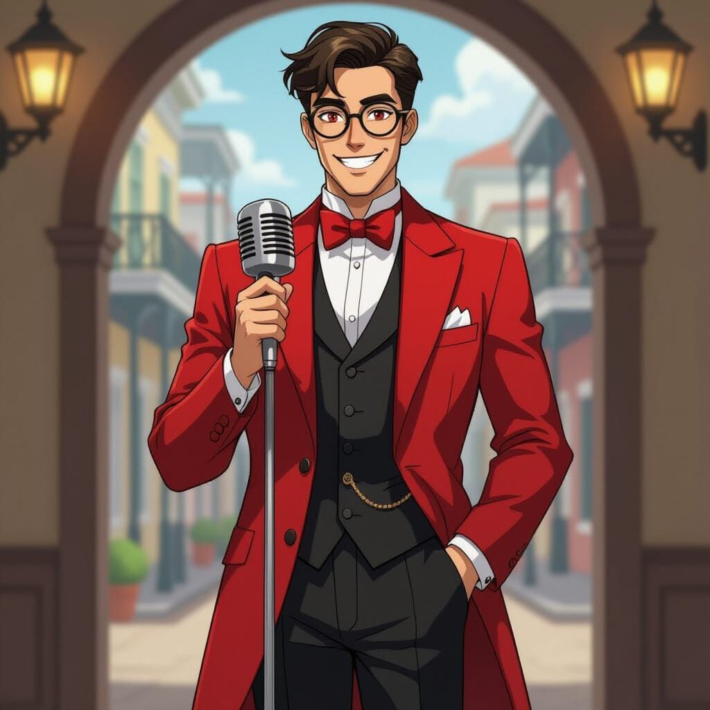 Dapper Man with Red Bowtie and Radio Microphone