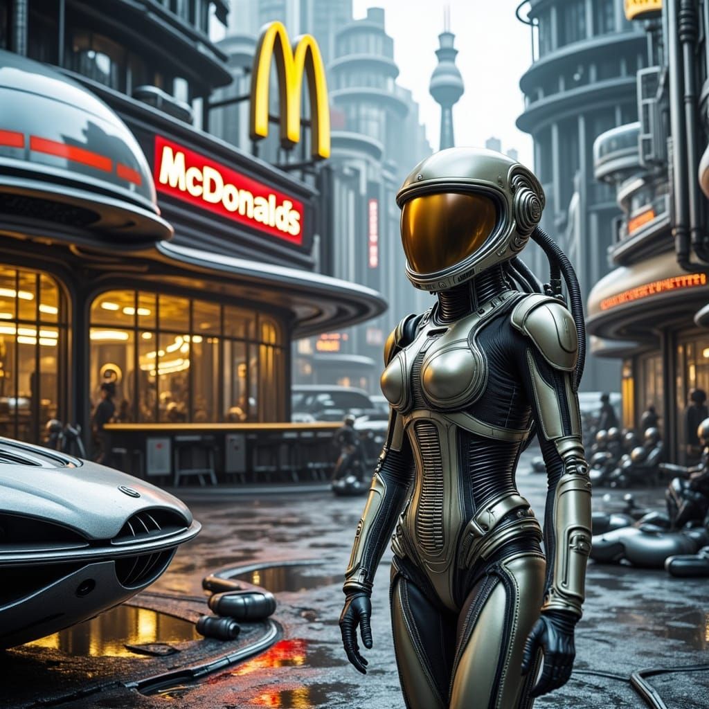 Man in Futuristic Space Suit Stands Near Abandoned McDonald'...