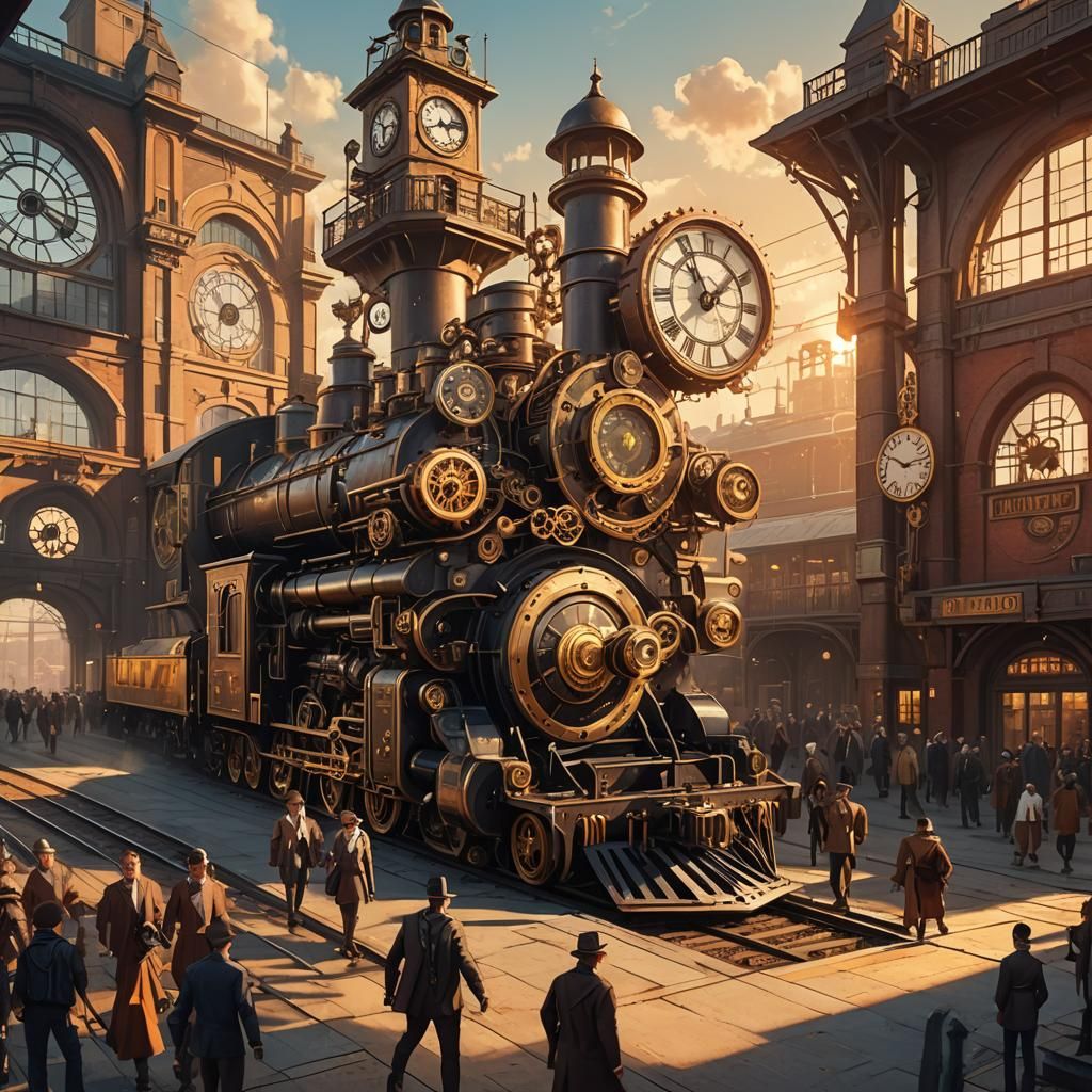 Steampunk Train Station at Golden Hour in 8K
