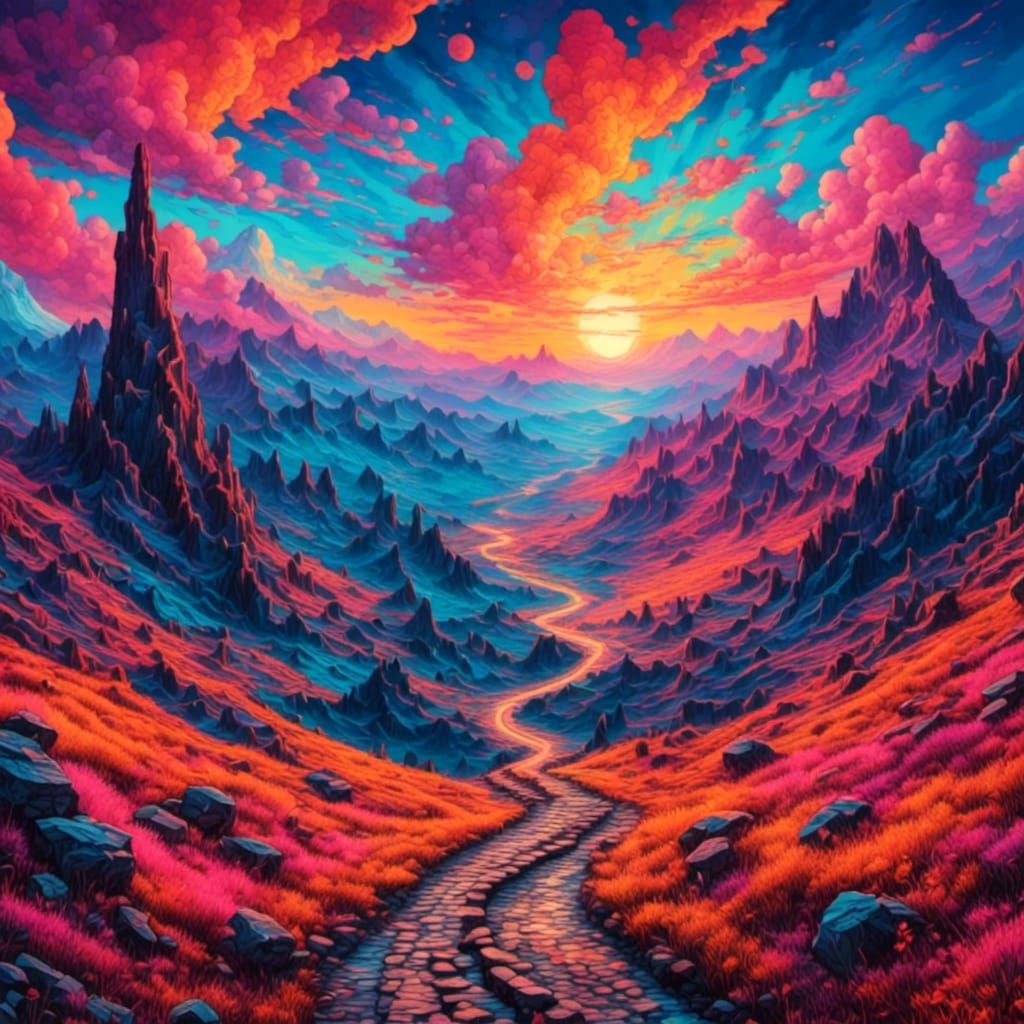 Psychedelic Neon Sunrise Over Mountain Path
