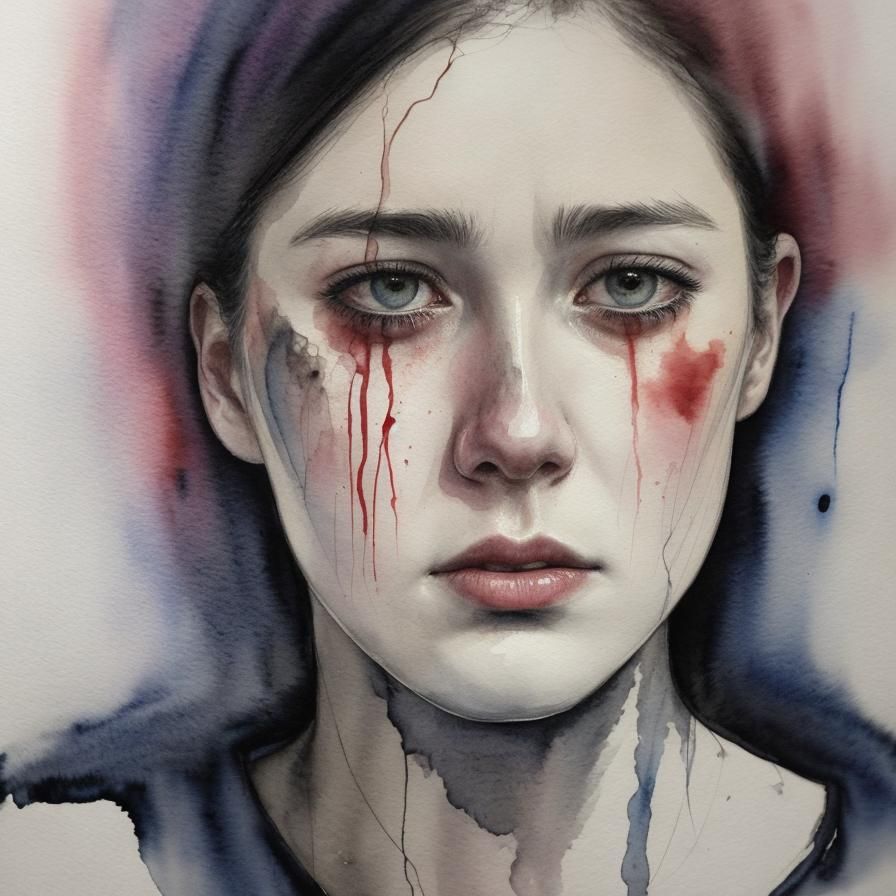 Melancholic Woman's Face in Moody Watercolor Portrait
