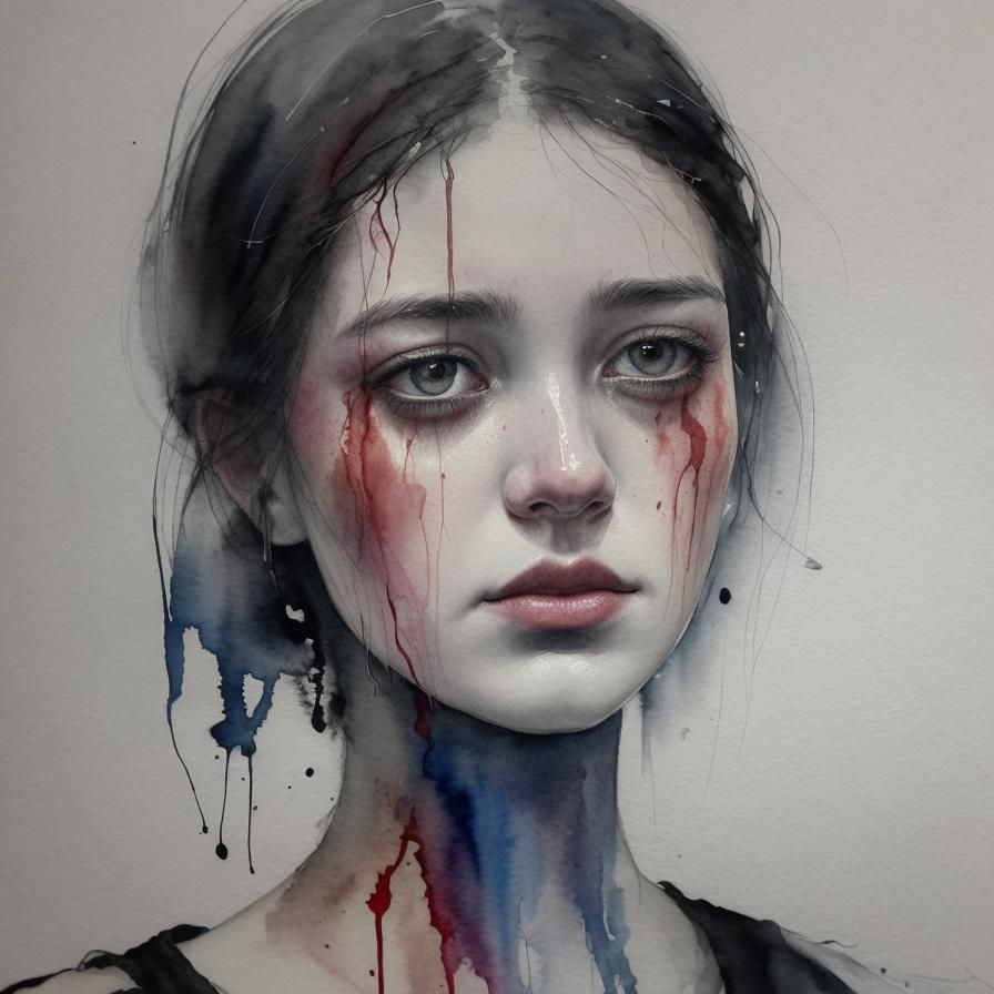 Melancholic Woman's Portrait in Dark Watercolor Style
