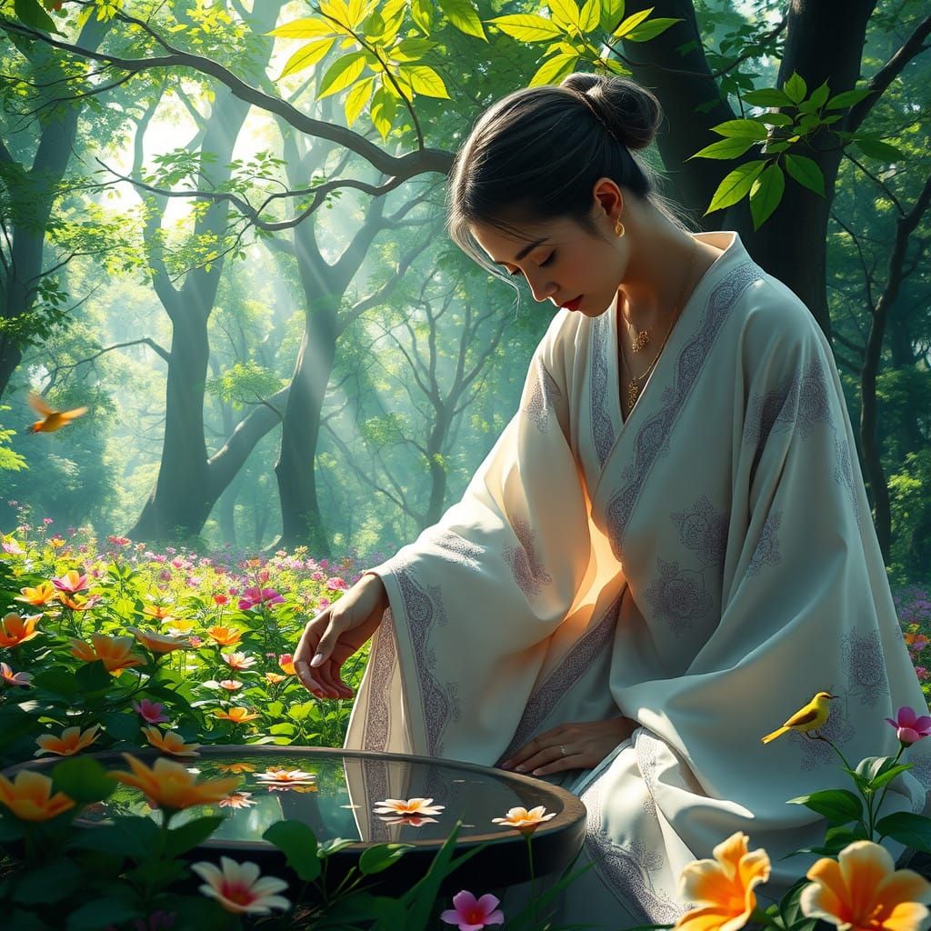 Asian Woman Contemplates Her Future in Whimsical, Art Nouvea...