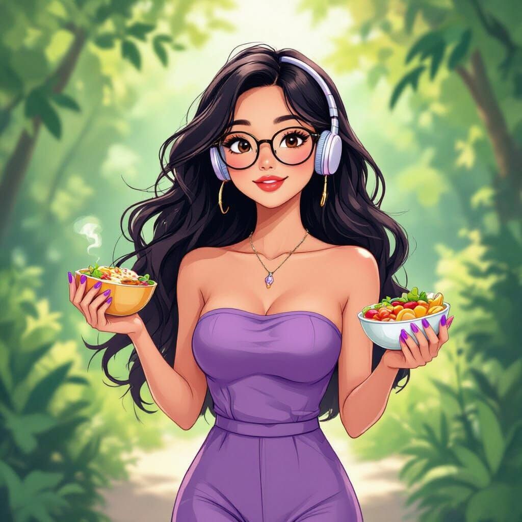 Whimsical Asian Woman in Nature, Animated Style