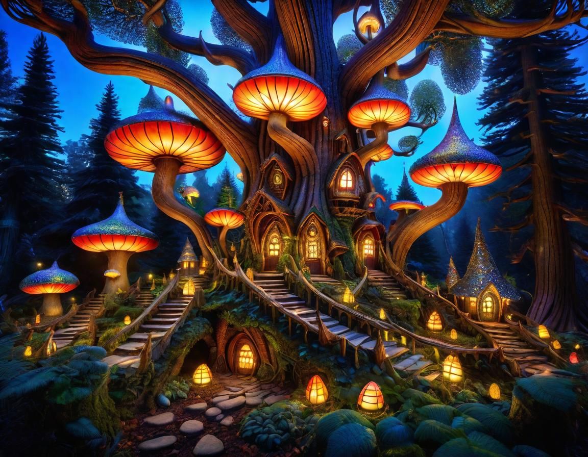 Enchanted Acorn Fairy Village Under Fairylights