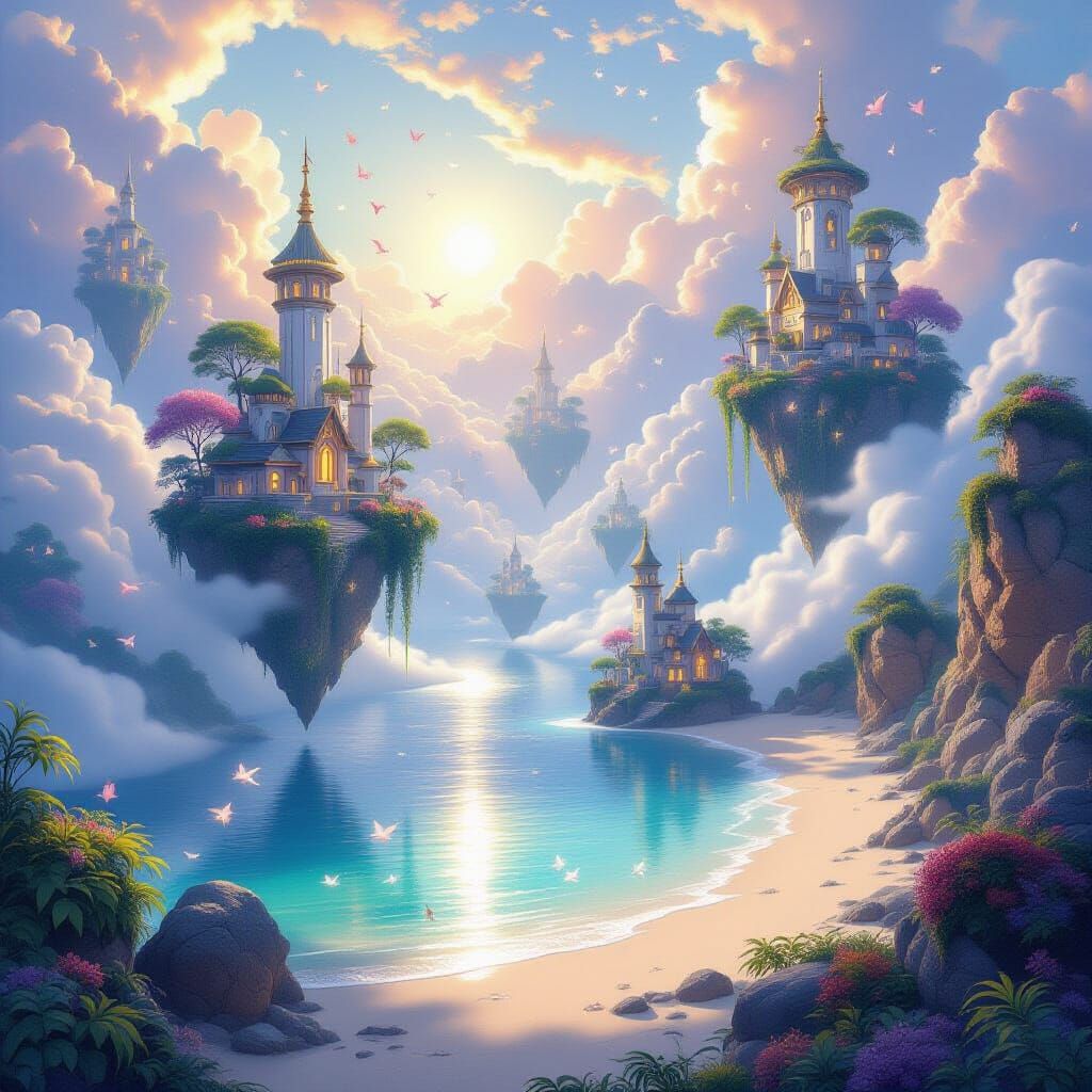 Ethereal Floating Islands Sanctuary in Dreamlike Fantasy Art...
