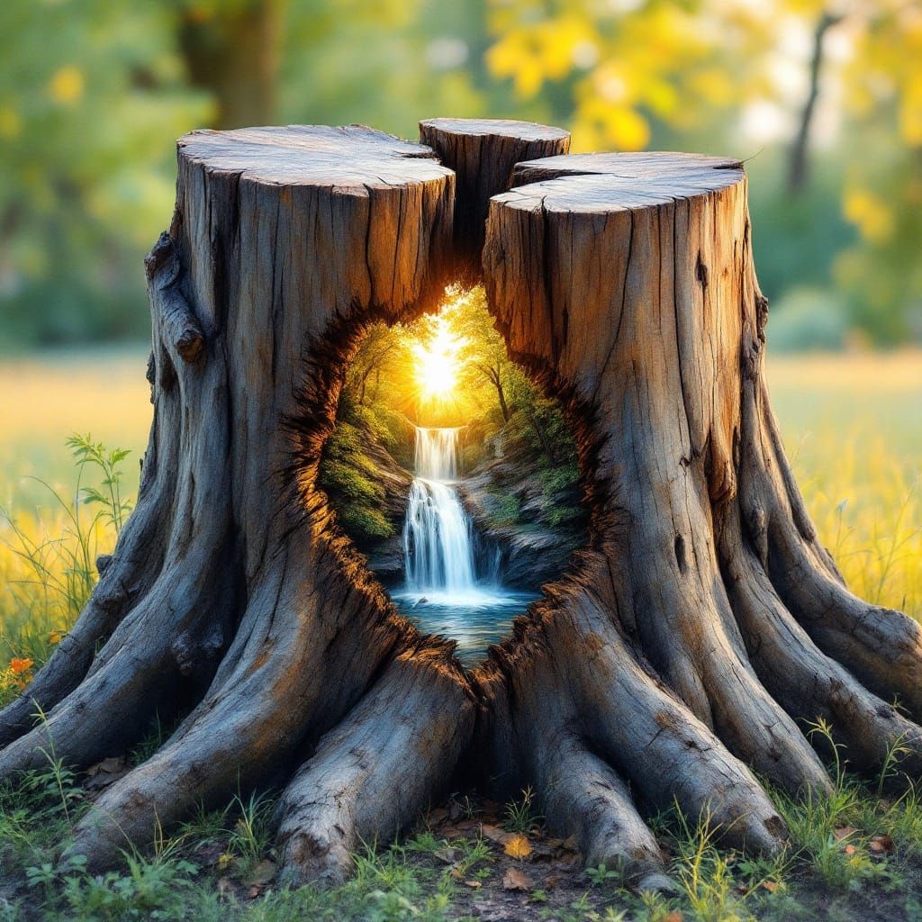 Surreal Tree Stump Reveals Hidden Waterfall at Sunrise