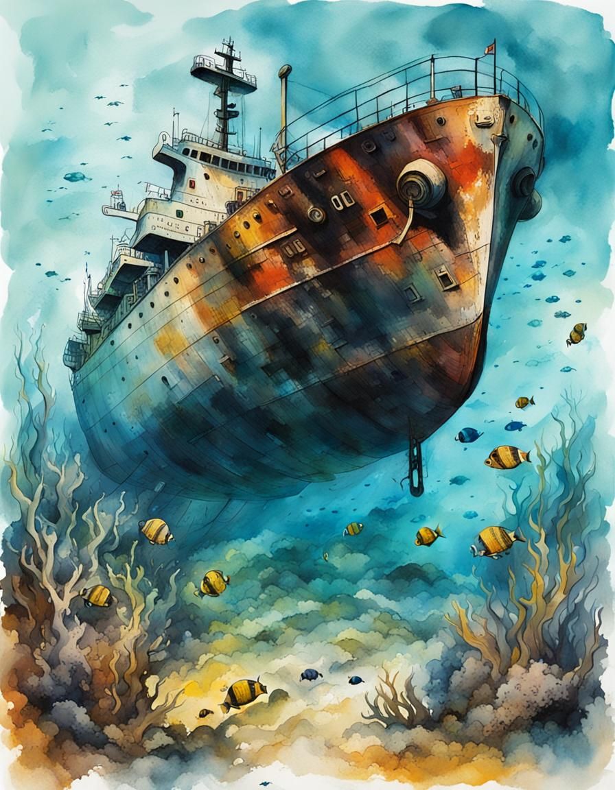 Sunken Oil Tanker Wreck: Underwater Ink Painting