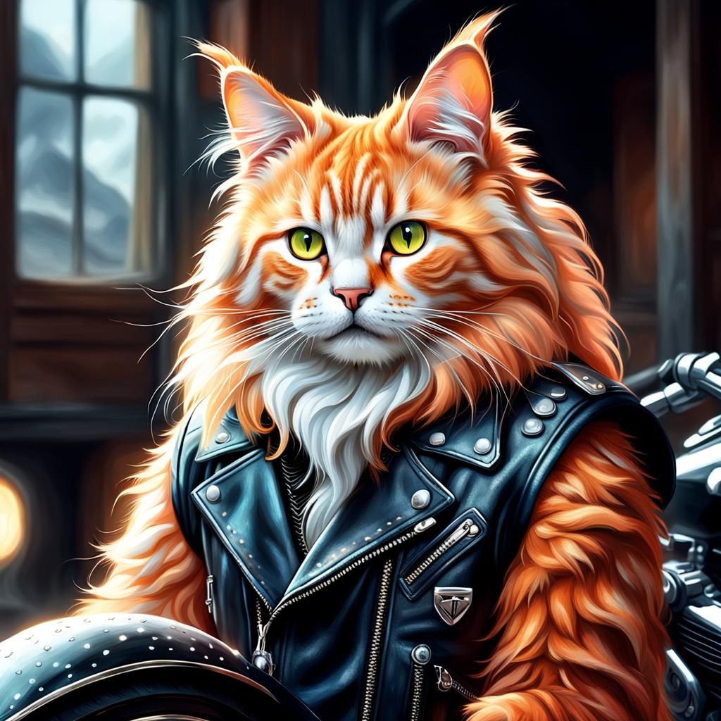 Angora Cat Biker in Digital Matte Painting Style