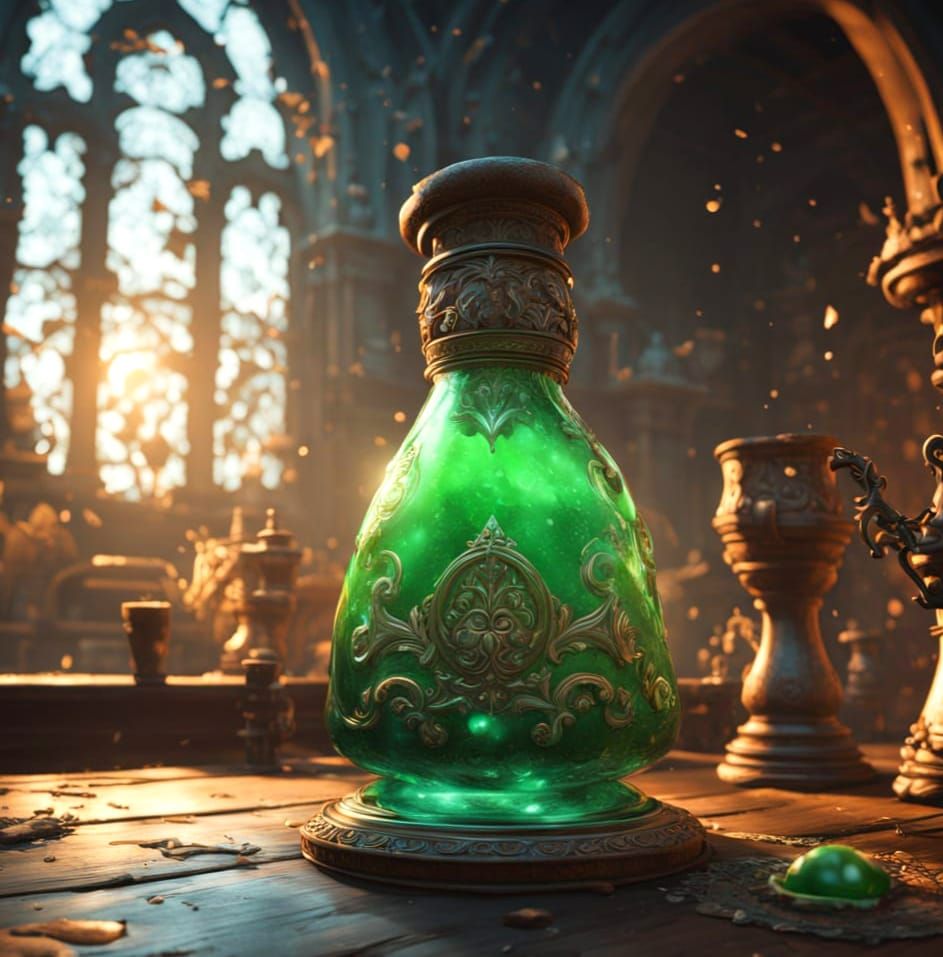 Glowing Potion in Weathered Glass Flask