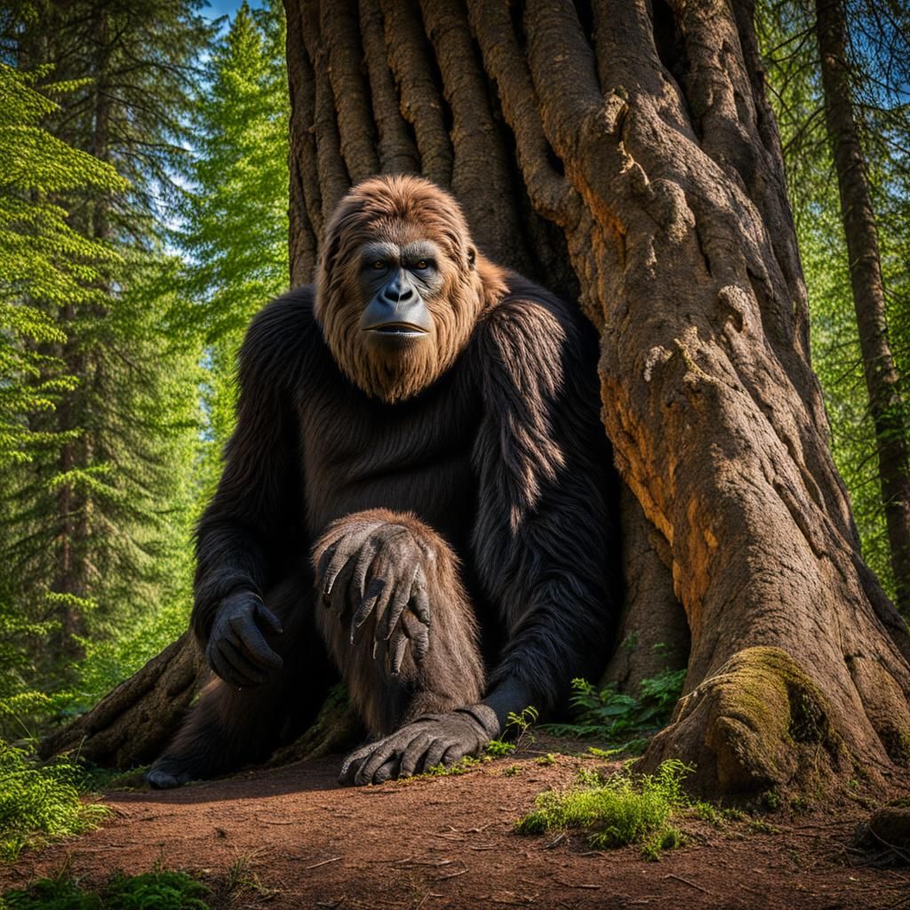 Bigfoot Hiding Behind a Tree