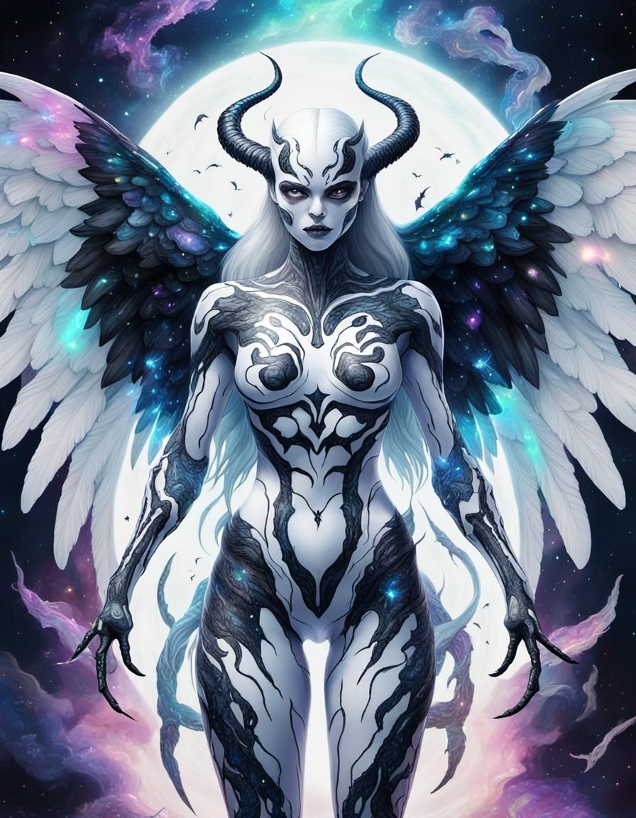 Venom Goddess with Black Wings in Cosmic Illustration